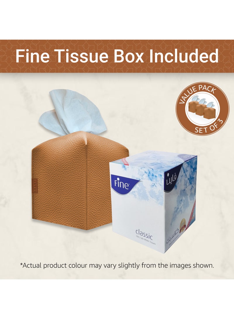 Leather Tissue Box Cover – Home Decorations for Living Room, Bedroom and Office | Car Tissue Holder | Tissue Box Holder for Car | Tissue Box Cover for Car (Caramel Cube - Pack of 3)
