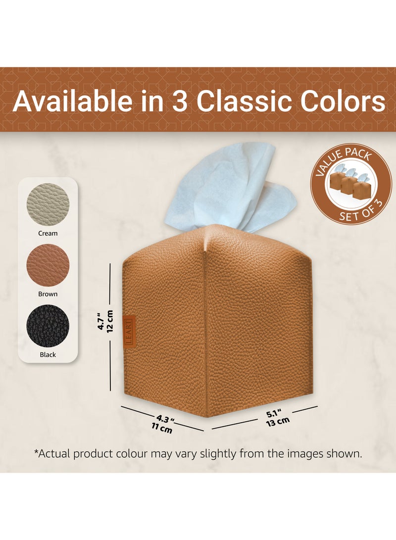 Leather Tissue Box Cover – Home Decorations for Living Room, Bedroom and Office | Car Tissue Holder | Tissue Box Holder for Car | Tissue Box Cover for Car (Caramel Cube - Pack of 3)