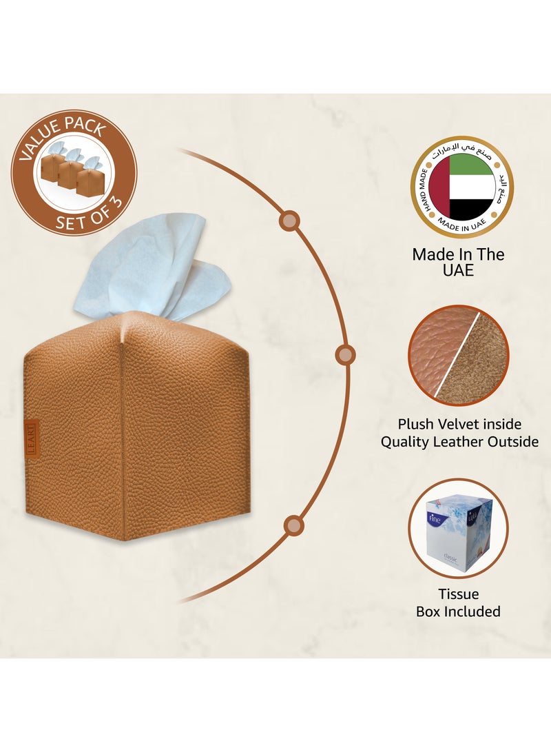 Leather Tissue Box Cover – Home Decorations for Living Room, Bedroom and Office | Car Tissue Holder | Tissue Box Holder for Car | Tissue Box Cover for Car (Caramel Cube - Pack of 3)
