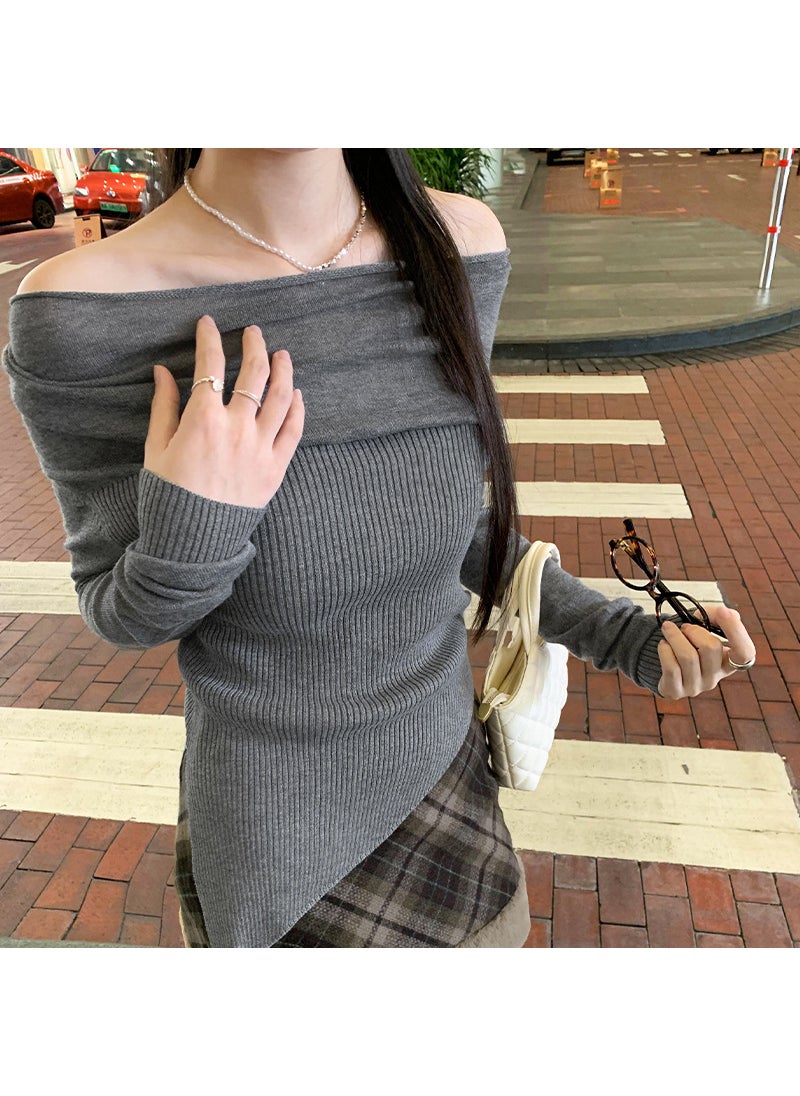 Generic - Off-shoulder Long Sleeve Wool Knit Cover Up Top For Women Early Autumn Slimming Smooths Your Silhouette Niche Side Slit Design Gray - Image 1