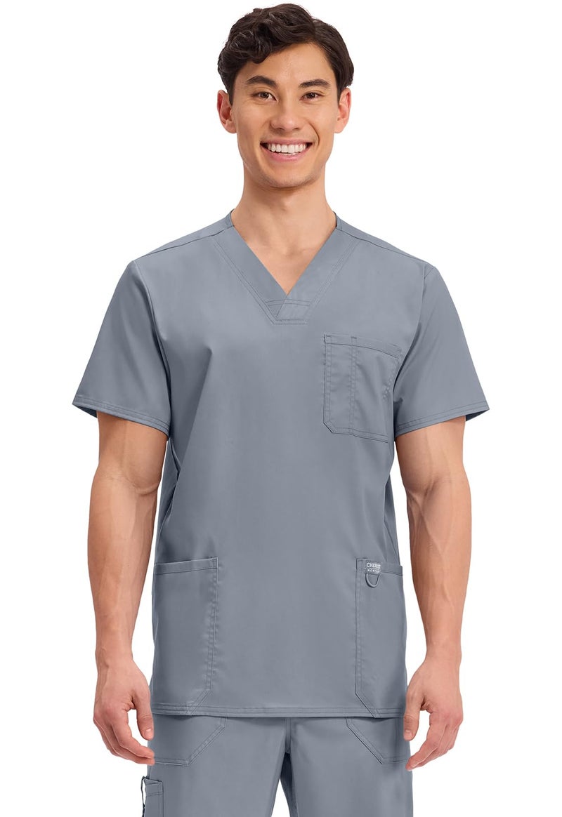 Cherokee Scrub top for Men V-Neck with 3 Pockets, Knit Details, Soft, Durable, Breathable, 2-Way Stretch Fabric - WW670, M, Grey
