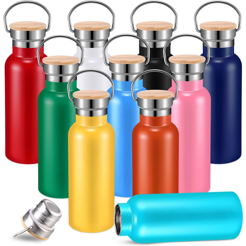 Mimorou 10 Pcs Stainless Steel Sports Water Bottles Bulk 17oz Double Wall Insulated Bottle with Handle and Wooden Leakproof Lid Metal Water Bottle Outdoor for Cyclist Runner Hiker DIY Gift 10 Colors