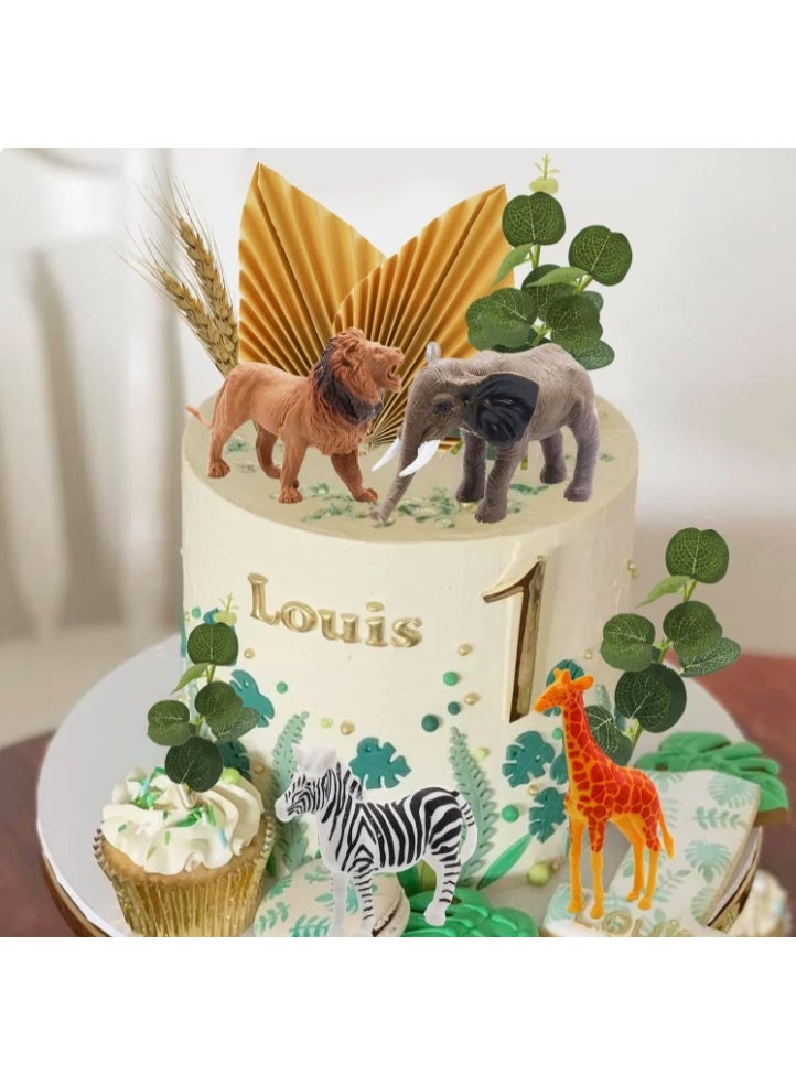 Birthday Cake Decoration 20 Realistic Safari Jungle Animal Cake Toppers, Golden Palm Tree, Eucalyptus Leaves, Lion, Giraffe, Elephant, Zebra Figures, Animal Cake Decoration for Safari Jungle Wild Zoo Party - Image 3
