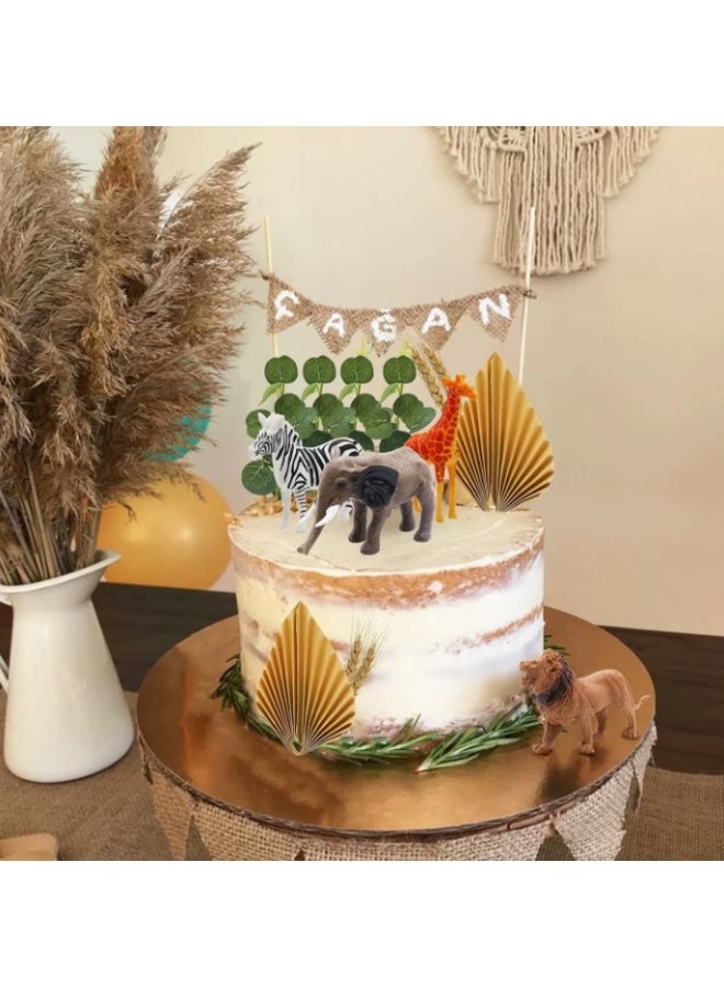 Birthday Cake Decoration 20 Realistic Safari Jungle Animal Cake Toppers, Golden Palm Tree, Eucalyptus Leaves, Lion, Giraffe, Elephant, Zebra Figures, Animal Cake Decoration for Safari Jungle Wild Zoo Party - Image 2
