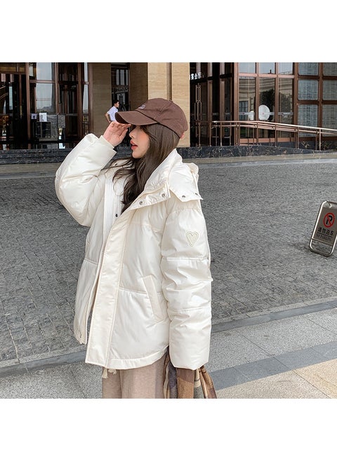 2024 Womens Hooded Puffer Jacket Loose Korean Style Creamy-white