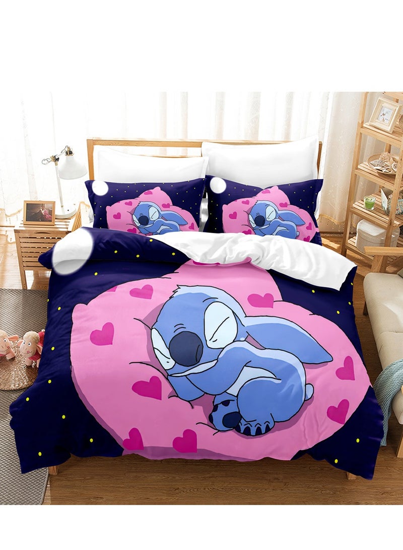 Cartoon Stitch pattern bedding three-piece set with soft microfiber polyester sheets including cover and two pillowcases (size 150cmX200cm) - Image 1