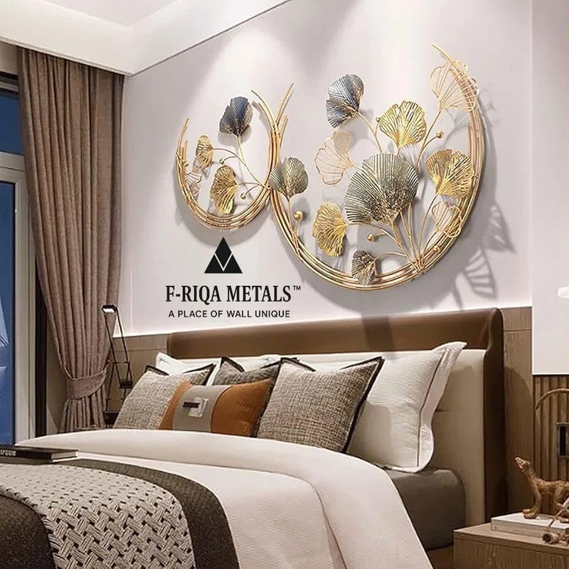 F-RIQA METAL™ Luxury Half Moon 3D Metal Wall Art | Golden & Silver Leaf Design Wall Hanging | Modern Decorative Wall Sculpture for Living Room, Dining Room & Bedroom Decor - Image 2