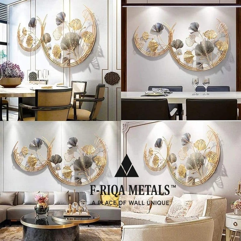 F-RIQA METAL™ Luxury Half Moon 3D Metal Wall Art | Golden & Silver Leaf Design Wall Hanging | Modern Decorative Wall Sculpture for Living Room, Dining Room & Bedroom Decor - Image 4