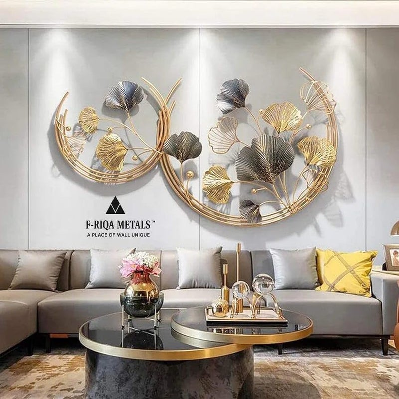 F-RIQA METAL™ Luxury Half Moon 3D Metal Wall Art | Golden & Silver Leaf Design Wall Hanging | Modern Decorative Wall Sculpture for Living Room, Dining Room & Bedroom Decor - Image 1