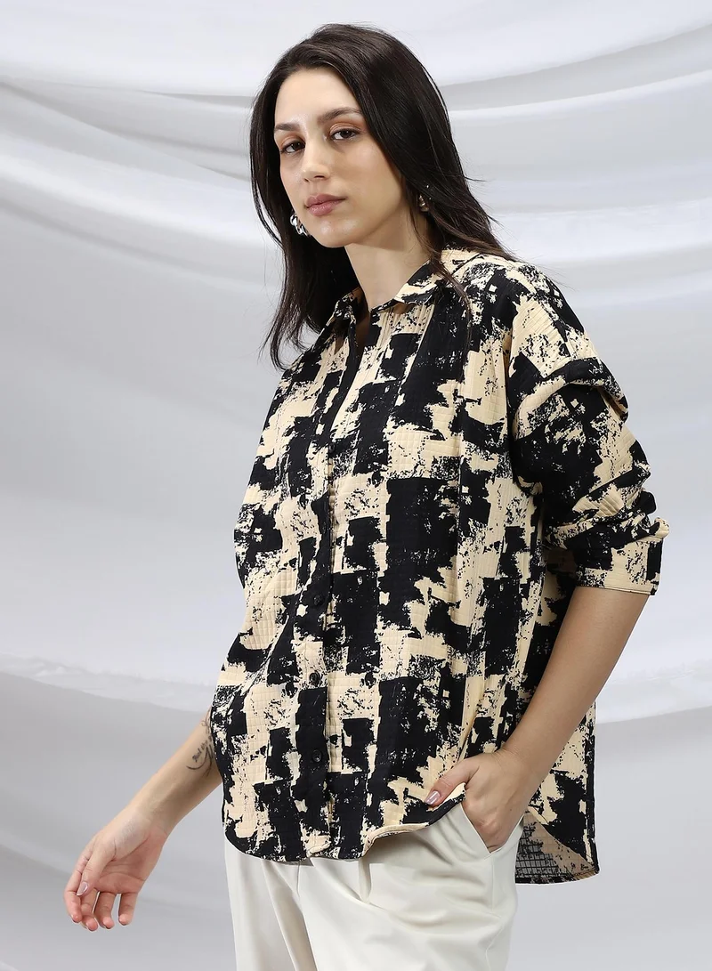 Campus Sutra  Women's Onyx Black & Buff Beige Abstract-Bushed Relaxed Shirt for Women | Best Price UAE
