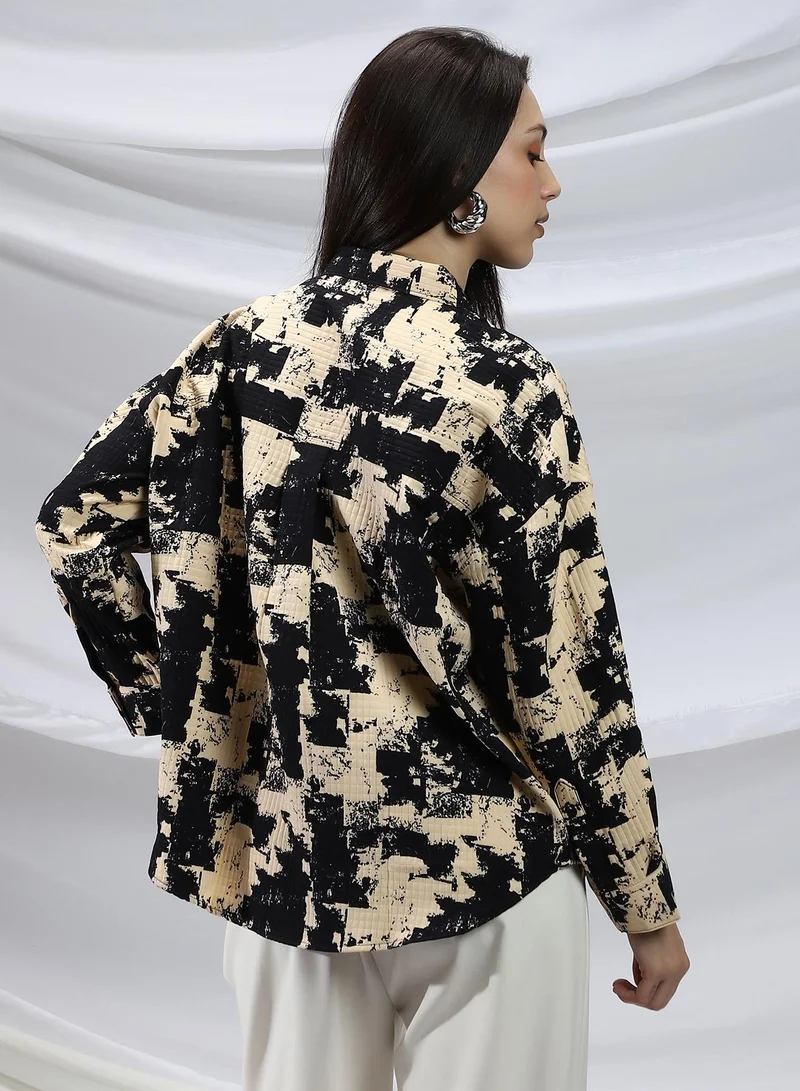 Campus Sutra  Women's Onyx Black & Buff Beige Abstract-Bushed Relaxed Shirt for Women | Best Price UAE