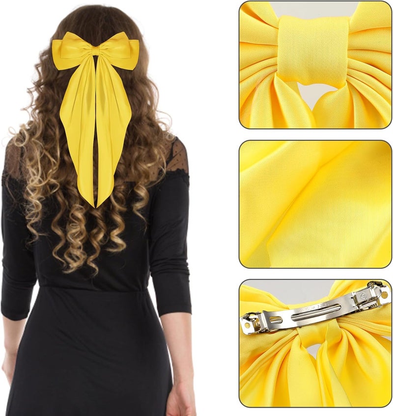 WLLHYF Big Bow Hair Clips Satin Silky Bow Barrettes Long Tail French Hair Bows Metal Hair Pins Bowknot Hair Clamps Hair Accessories for Women Girls Wedding Birthday Party (Yellow) - Image 3