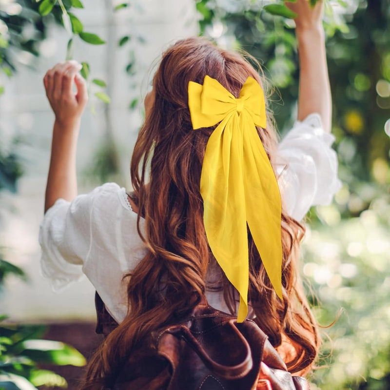 WLLHYF Big Bow Hair Clips Satin Silky Bow Barrettes Long Tail French Hair Bows Metal Hair Pins Bowknot Hair Clamps Hair Accessories for Women Girls Wedding Birthday Party (Yellow) - Image 5
