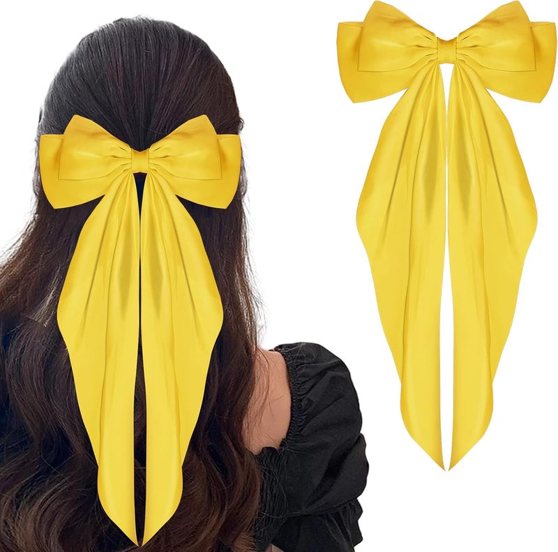 WLLHYF Big Bow Hair Clips Satin Silky Bow Barrettes Long Tail French Hair Bows Metal Hair Pins Bowknot Hair Clamps Hair Accessories for Women Girls Wedding Birthday Party (Yellow) - Image 1