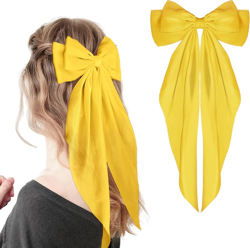 WLLHYF Big Bow Hair Clips Satin Silky Bow Barrettes Long Tail French Hair Bows Metal Hair Pins Bowknot Hair Clamps Hair Accessories for Women Girls Wedding Birthday Party (Yellow) - Image 4