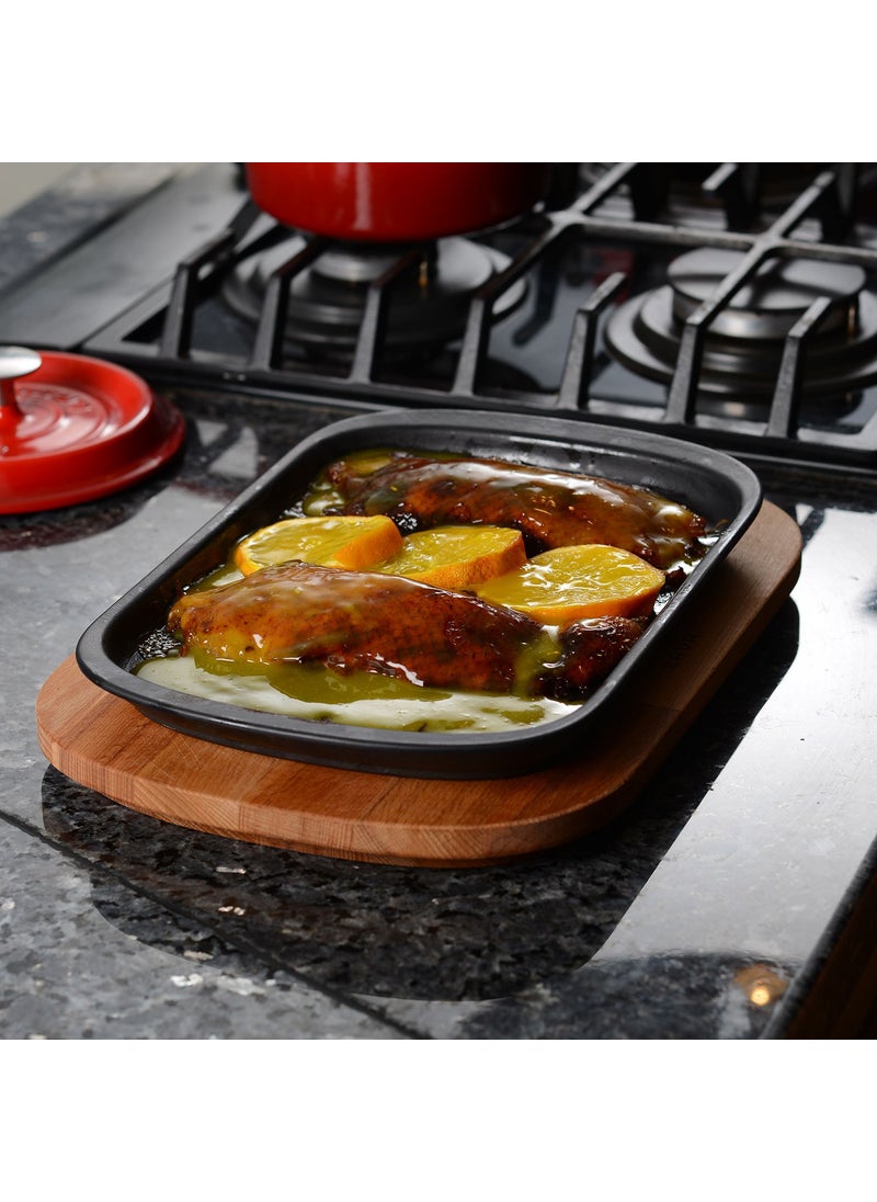Lava Cast Iron Serving Plate and Wooden Base. Black Color. Size 32X20CM.  - Image 2