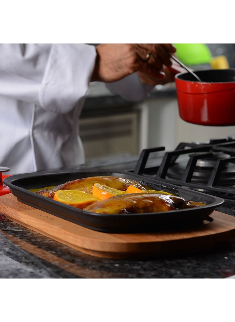 Lava Cast Iron Serving Plate and Wooden Base. Black Color. Size 32X20CM.  - Image 3