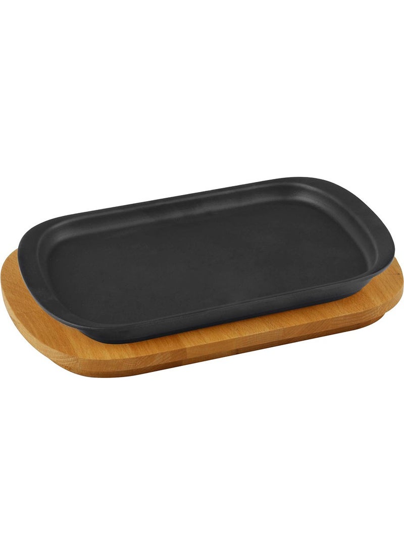 Lava Cast Iron Serving Plate and Wooden Base. Black Color. Size 32X20CM.  - Image 1