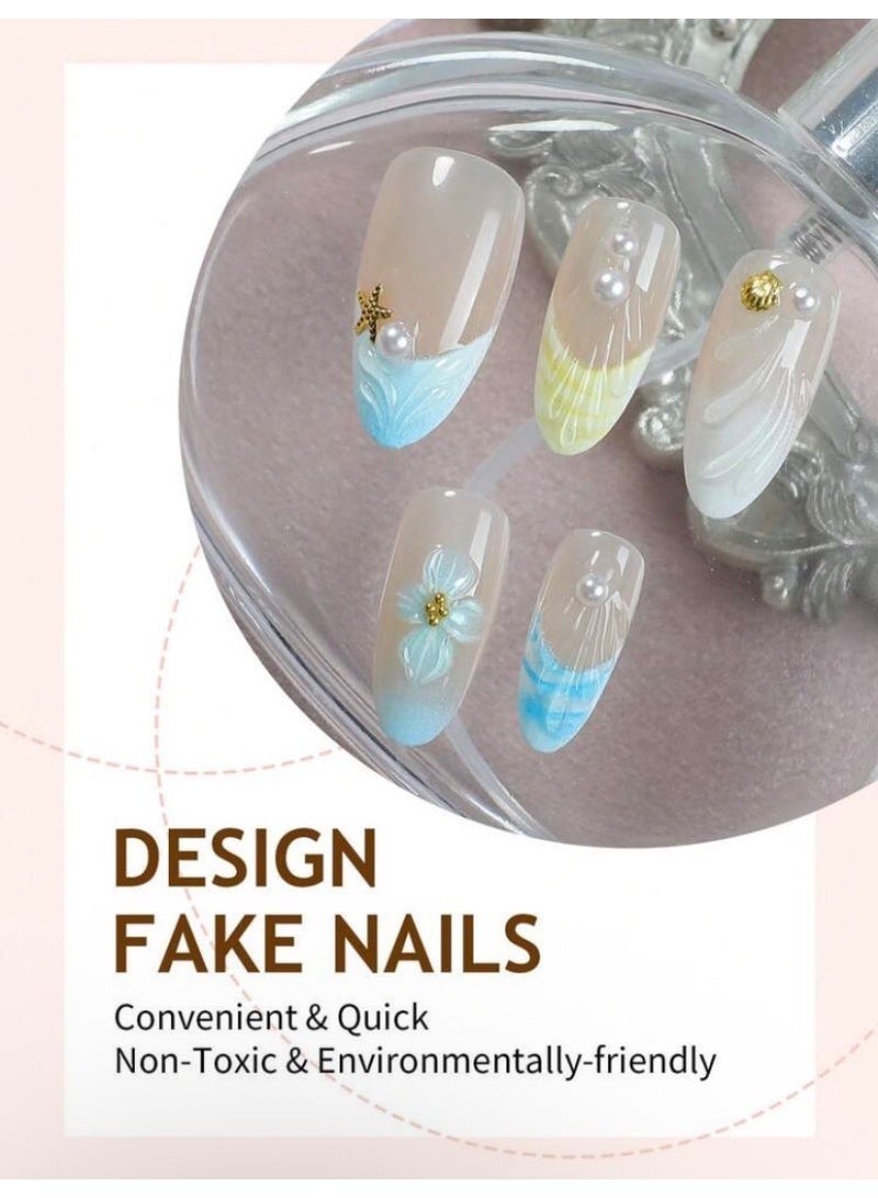 Tuline Medium Almond Blue French Press On Nails Ocean Style 3D Floral Pearl Rhinestone – 10 PCS Elegant Fake Nails for Women - Image 2