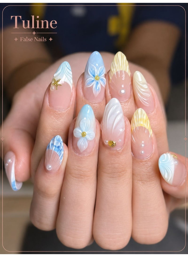 Tuline Medium Almond Blue French Press On Nails Ocean Style 3D Floral Pearl Rhinestone – 10 PCS Elegant Fake Nails for Women - Image 1