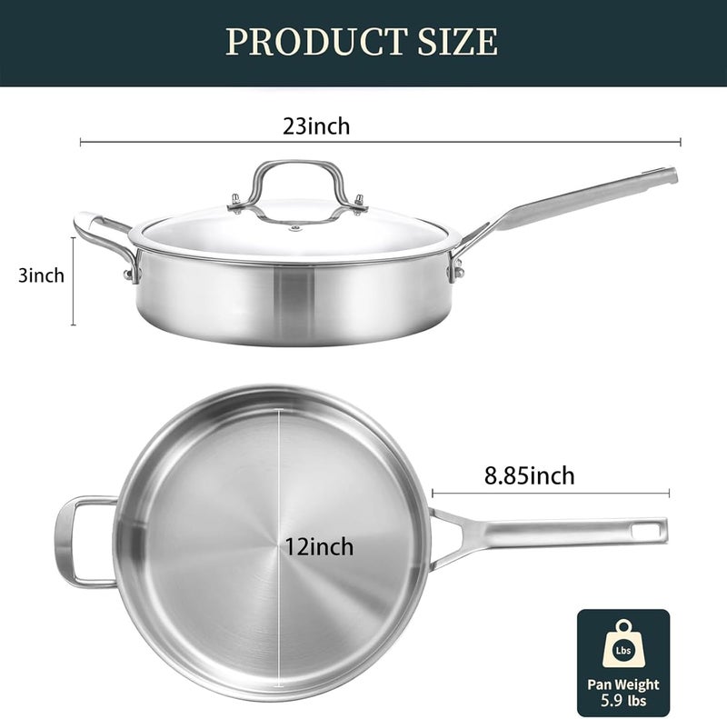 Yeksum Stainless Steel Saute Pan, Tri-Ply Saute Pan 5QT, 12 Inch Deep Frying Pan with lids, Compatible with All Cooktops Up to 650℉, 3-layer Large Skillet with Stay Cool Handle, Induction Pan, Durable - Image 4