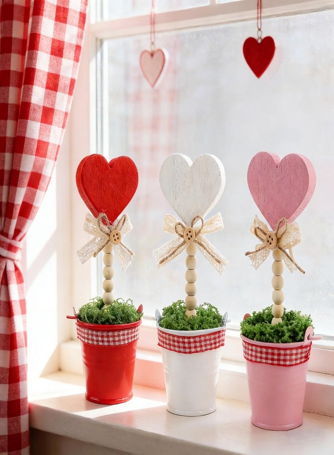 Meching 3 PCS Valentine's Day Decoration Rustic Heart Mini Potted Wooden Signs,6.5'' Red Pink White Artificial Heart Shaped Plant Pot for Valentines Day Tabletop Centerpiece Tiered Tray Decor Gifts - Image 3