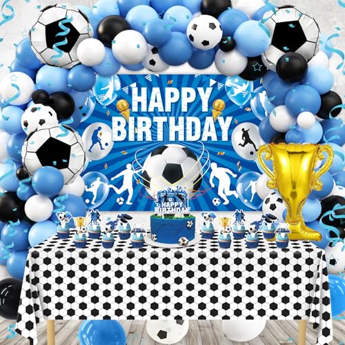 REDWORD Soccer Birthday Party Decorations 97Pcs Soccer Party Decorations with Balloons Happy Birthday Backdrop Soccer Tablecloth and Cake Toppers for Soccer Party Supplies - Image 1