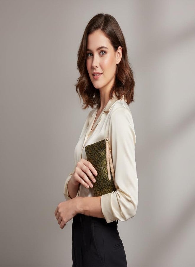 DeLegarde Traditional Brocade Clutch Wallet for Women, Brown and Golden, 18 x 9.5 cm - Image 2