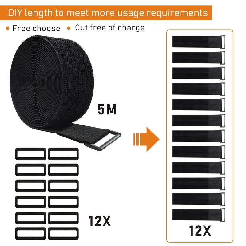 WSZJINB 16Ft x 2In Adjustable Cable Straps with 12 Buckles, Free Cut Length, Black Reusable Fastening Cable Ties, Hook and Loop Securing Strap for Cable Tidy, Wire Management, Cord Organiser, Black - Image 3