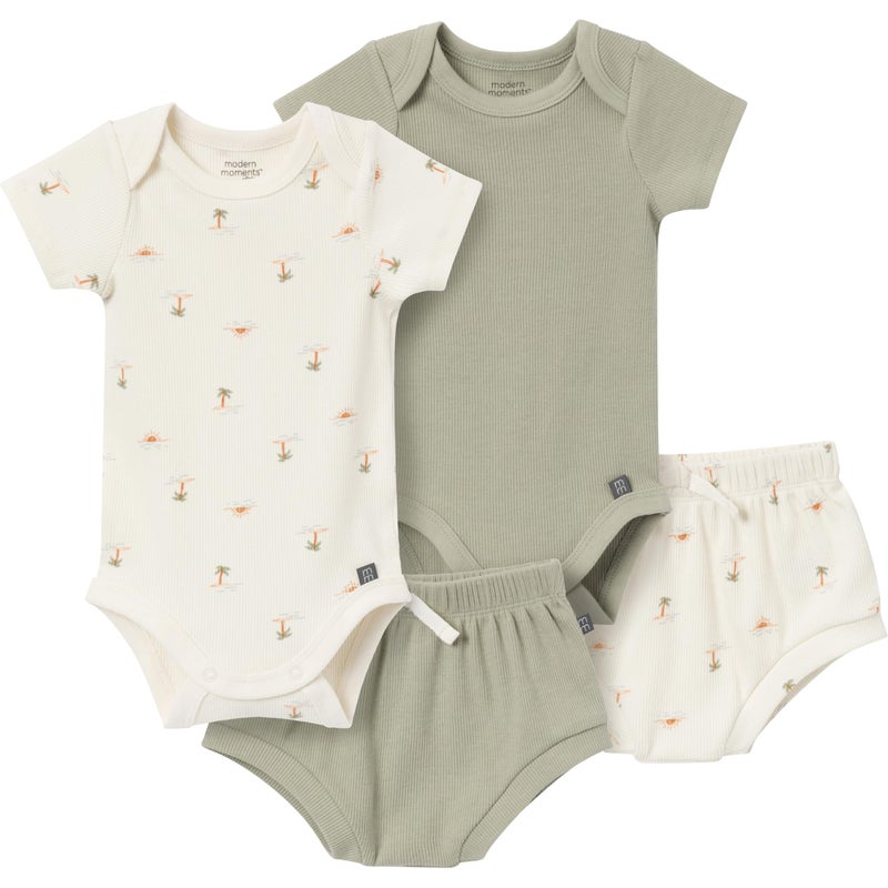 Modern Moments by Gerber Unisex Baby 4-pack Short-sleeve Bodysuits & Shortie Set, Ivory Mini Island/Medium Green, 18 Months - Image 1