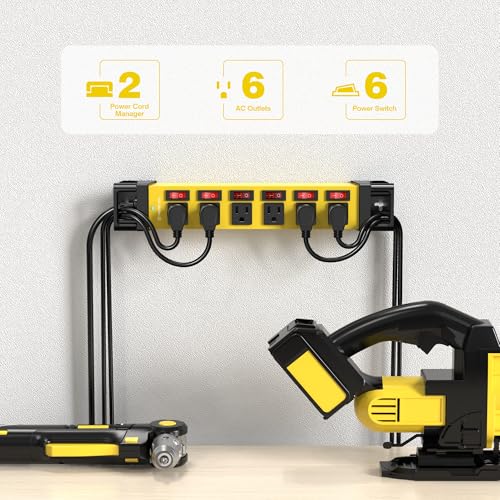 ANNQUAN Heavy Duty Power Strip - 6 Outlet Power Strip with 6 Individual Switches Cord Manager Surge Protector 1200J Home Office Garage Industrial Workshop - Image 3