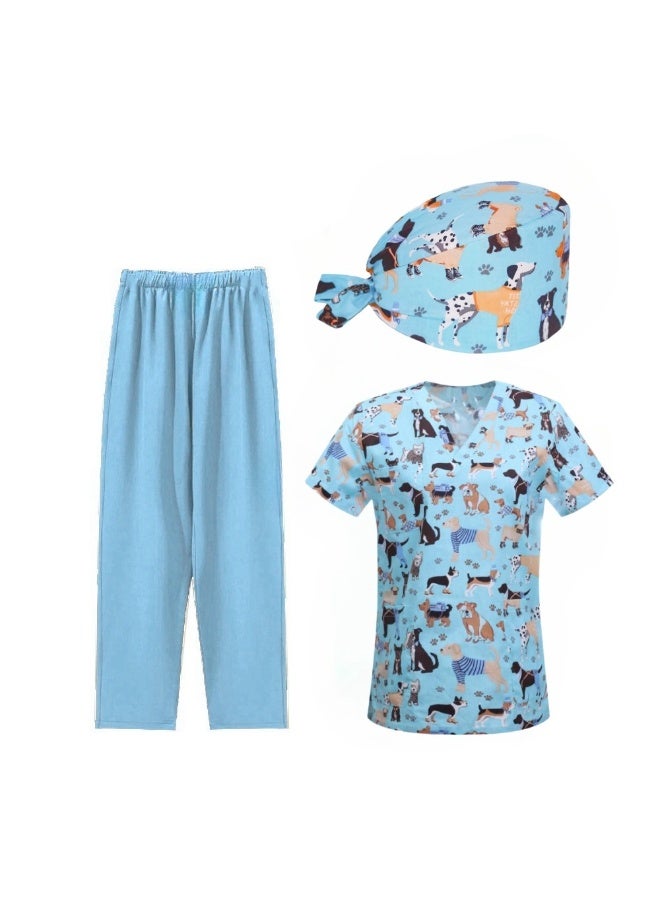 Loquat Womens Medical Scrubs Set Medical Uniform Set Black Dog on Blue Background - Image 1