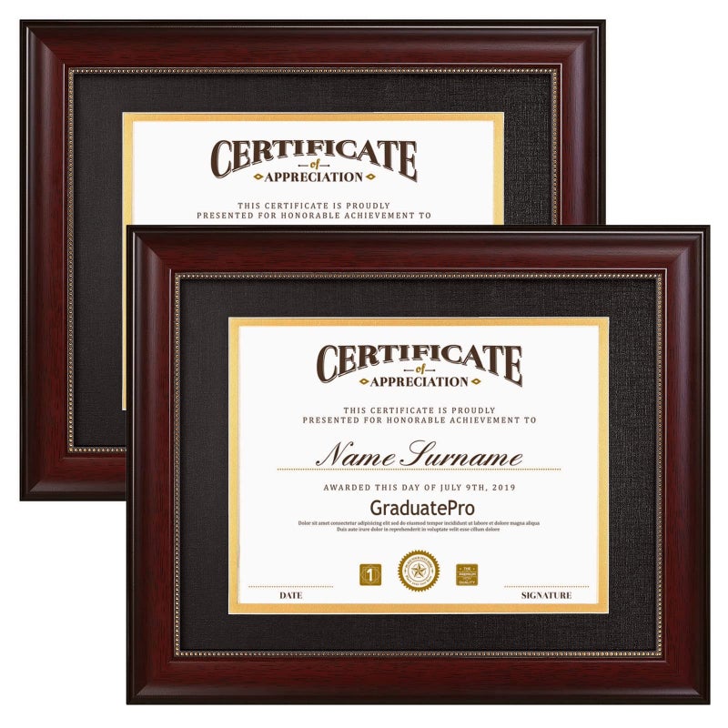 GraduatePro 85x11 Diploma Frame with Black Over Gold Mat or Display 11x14 Document Without Mat CPA License Frame UV Protection Acrylic Mahogany with Gold Beads Pack of 2