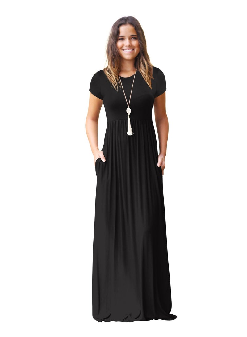 NIBEMINENT Women's Summer Short Sleeve Loose Plain Maxi Dresses,Casual Long Dresses with Pockets Black  - Image 1