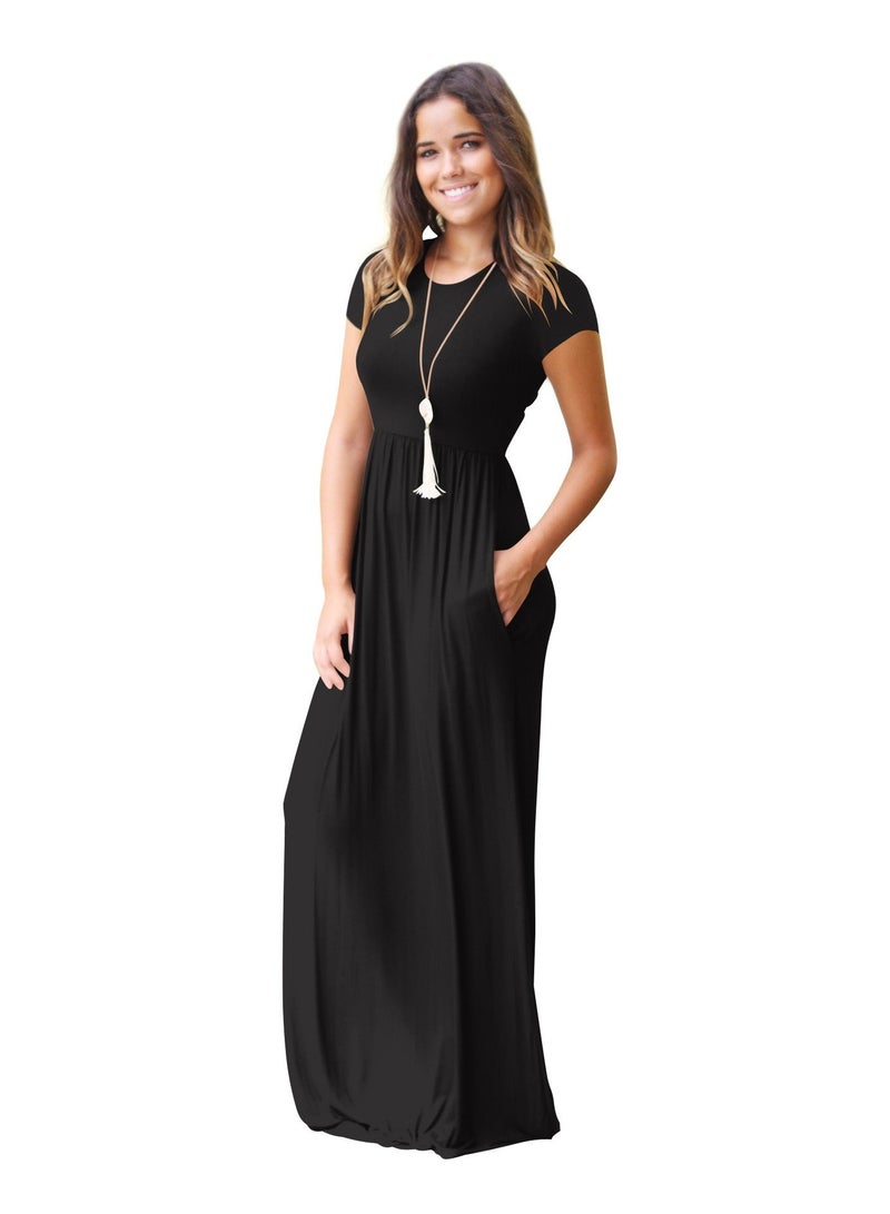 NIBEMINENT Women's Summer Short Sleeve Loose Plain Maxi Dresses,Casual Long Dresses with Pockets Black  - Image 4