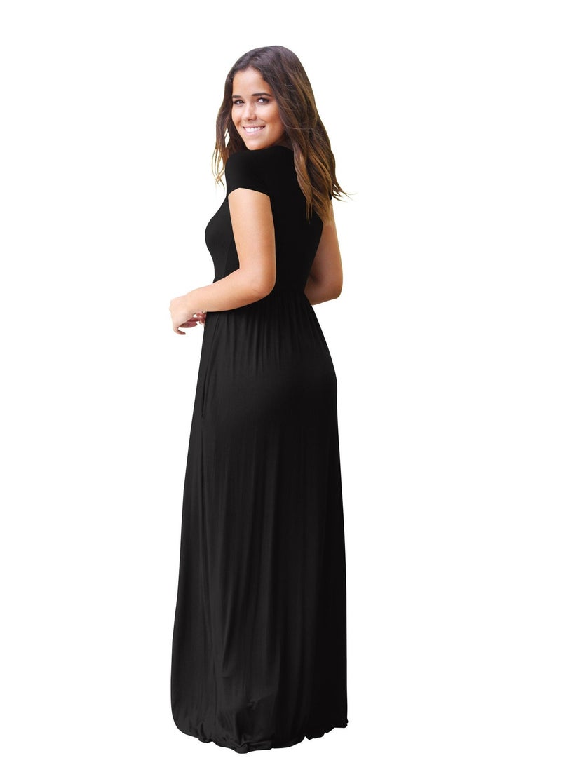 NIBEMINENT Women's Summer Short Sleeve Loose Plain Maxi Dresses,Casual Long Dresses with Pockets Black  - Image 3