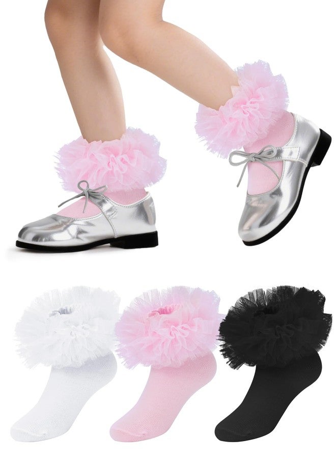 زاندو جوارب زاندو مكشكشة للبنات من عمر 6-8 سنوات، بتصميم أميرة، مزينة بدانتيل مزدوج، جوارب قطنية للأطفال حديثي الولادة، جوارب قصيرة للكاحل، متوفرة باللون الأبيض/الوردي/الأسود - Image 1