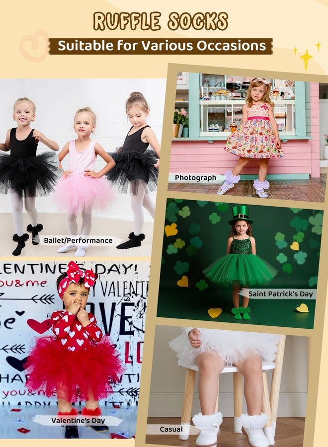 زاندو جوارب زاندو مكشكشة للبنات من عمر 6-8 سنوات، بتصميم أميرة، مزينة بدانتيل مزدوج، جوارب قطنية للأطفال حديثي الولادة، جوارب قصيرة للكاحل، متوفرة باللون الأبيض/الوردي/الأسود - Image 2