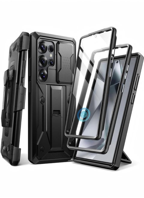 جراب Samsung Galaxy S24 Ultra، [واقي شاشة مدمج وغطاء كاميرا منزلق] [إطاران أماميان] حماية ممتازة ضد الصدمات جراب S24 Ultra مع حامل ومشبك حزام 6.8 بوصة أسود