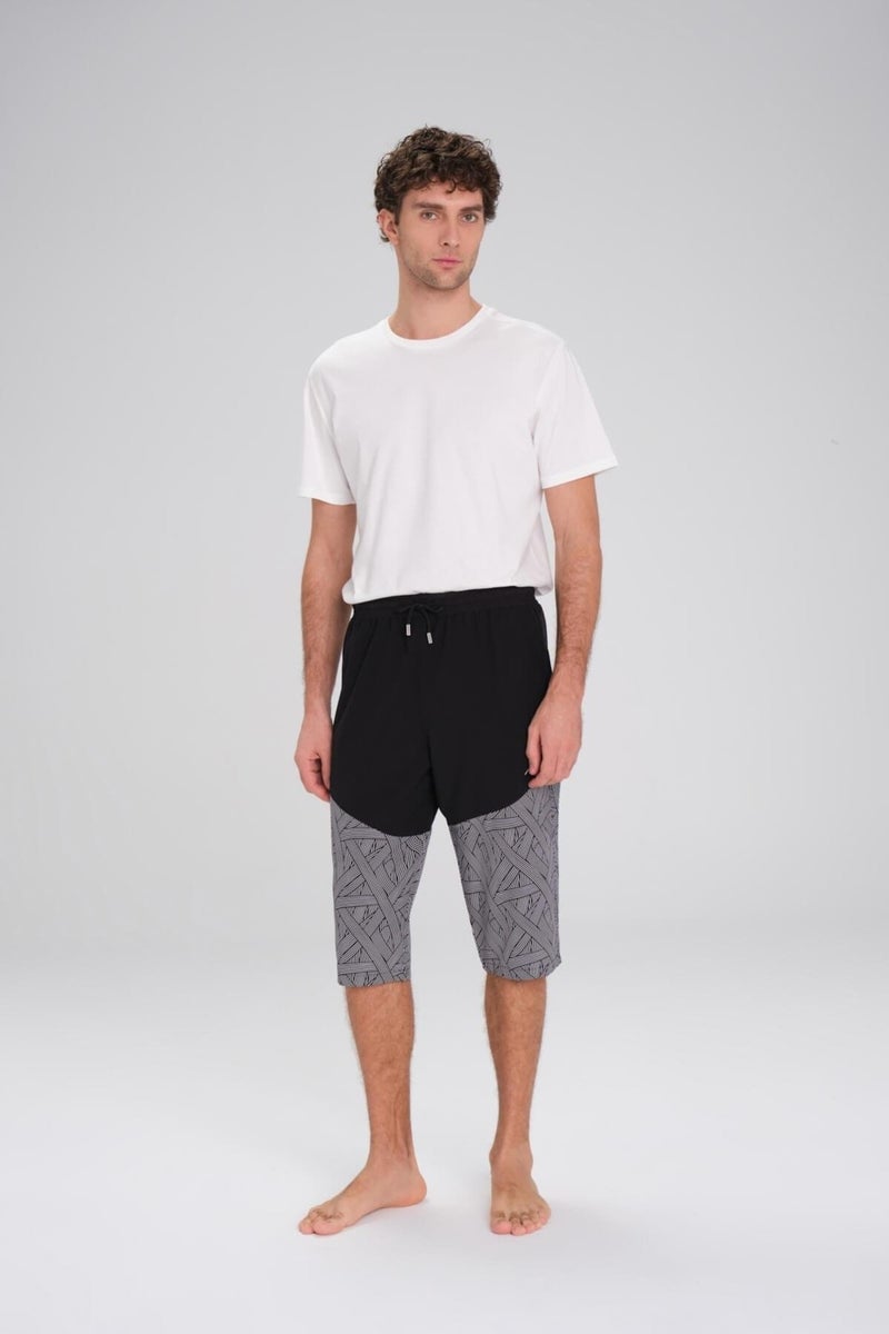 Haşema Black and White Long Men's Pool and Sea Shorts with Pattern 24-6 - Image 1