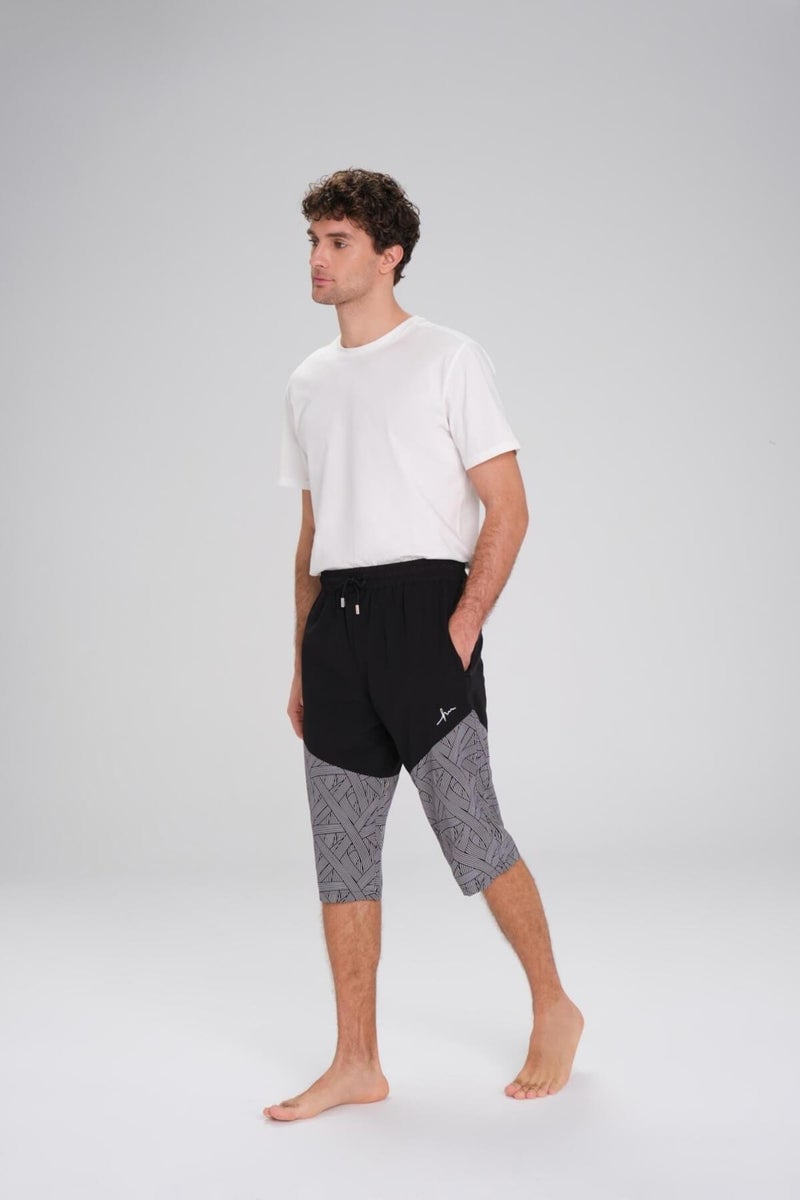 Haşema Black and White Long Men's Pool and Sea Shorts with Pattern 24-6 - Image 3
