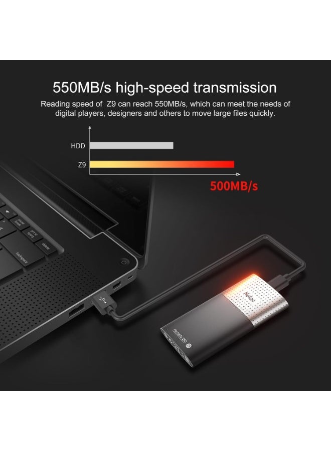نيتاك قرص SSD خارجي محمول Netac Z9 بسعة 500 جيجابايت – منفذ USB 3.2 Gen 2 Type-C (بسرعة 10 جيجابت في الثانية)، سرعة قراءة تصل إلى 550 ميجابايت/ثانية، تصميم نحيف من الألومنيوم، متوافق مع أجهزة الكمبيوتر (PC وMac) وأجهزة Android وPS4. - Image 3