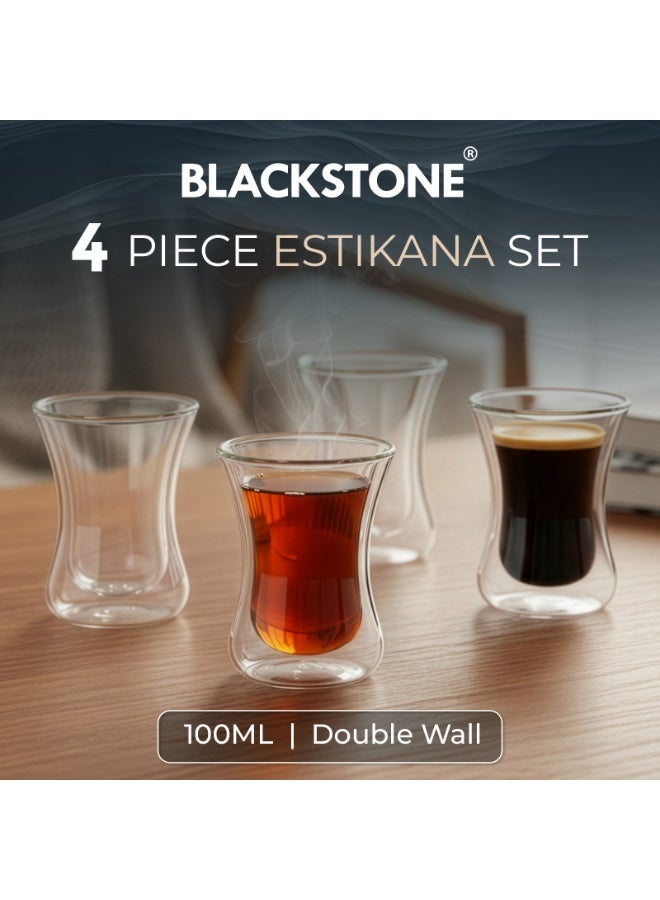 BLACKSTONE Double Wall Estikana Glass Coffee Cups Set of 4 Borosilicate Insulated 100ML Glasses for Tea & Arabic Coffee, DG893 - Image 2