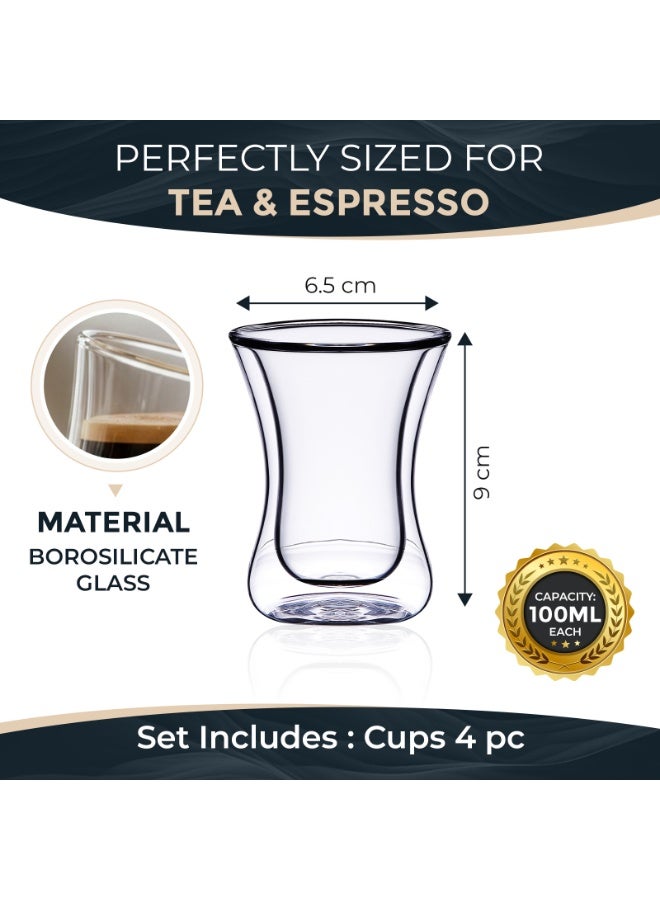 BLACKSTONE Double Wall Estikana Glass Coffee Cups Set of 4 Borosilicate Insulated 100ML Glasses for Tea & Arabic Coffee, DG893 - Image 4