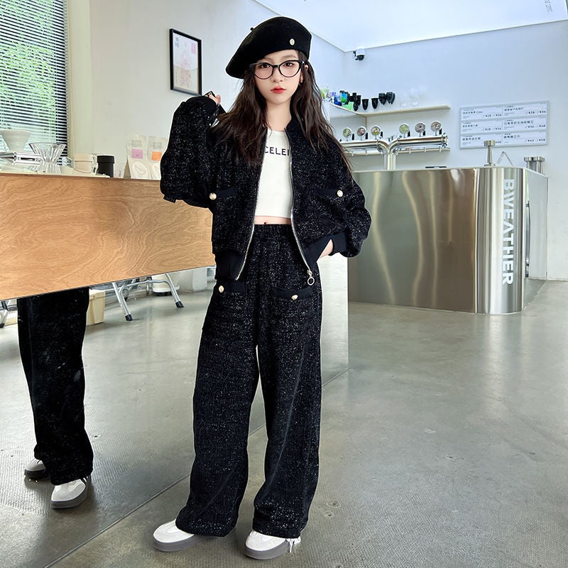 Girls Autumn suit New Childrens Stylish Fashionable Chanel Style Jacket Medium and Large Childrens Sports Two-piece Korean Style Black 