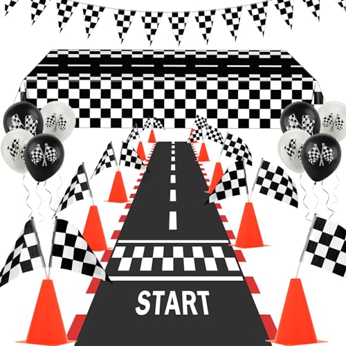 Ahier Race Car Party Decorations AHIER 61 Pcs Set12 Traffic Cones and 24 Racing Checkered Flags 65Ft Racetrack Floor Runner and 98ft Checkered Race Track Banner Tablecloth Balloons and Ribbons - Image 1