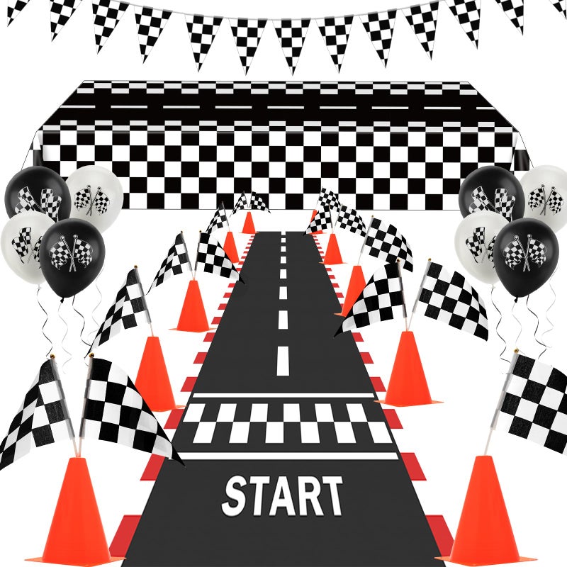 Ahier Race Car Party Decorations AHIER 61 Pcs Set12 Traffic Cones and 24 Racing Checkered Flags 65Ft Racetrack Floor Runner and 98ft Checkered Race Track Banner Tablecloth Balloons and Ribbons - Image 2