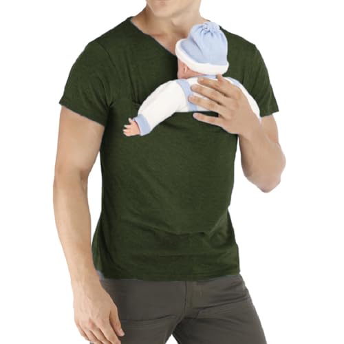 amropi Men's Baby Carrier Soothe V Neck Short Sleeve Kangaroo T Shirt (Dark Green,L) - Image 2