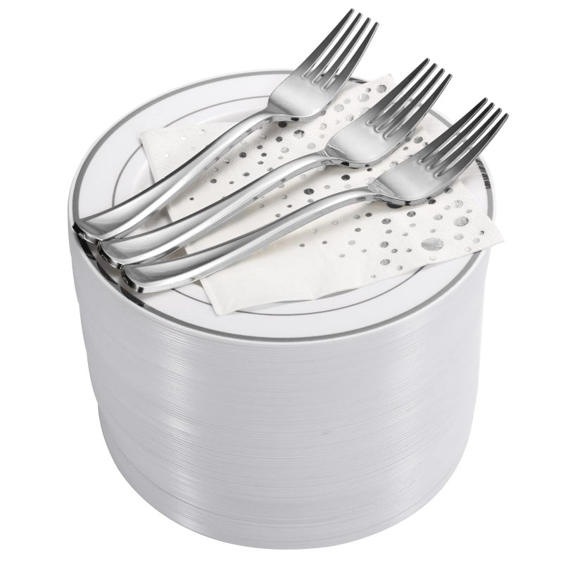 Stylish 75 Inch Silver Cake Plates with Disposable Forks and Cocktail Napkins 100 Set  Small Appetizer Plates  Silver Plastic Dessert Plates  Plastic Cake Plates for Wedding Reception