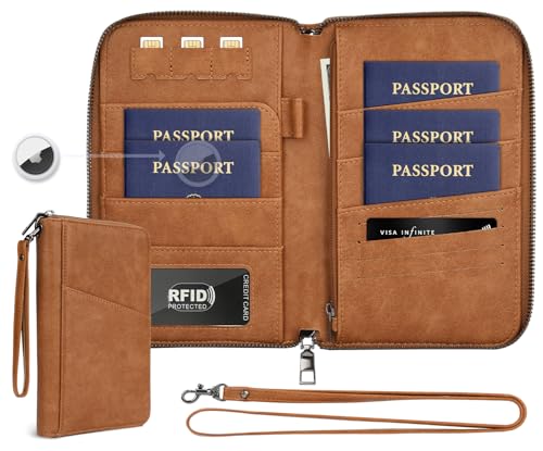 Kicoroiny Family Passport Holder Wallet RFID Travel Document Organizer for Women Men Portable Case Cover for Cards Boarding Pass with WristNeck Strap Airtag Pocket Travel Essentials Gifts Light Brown 1pc - Image 1